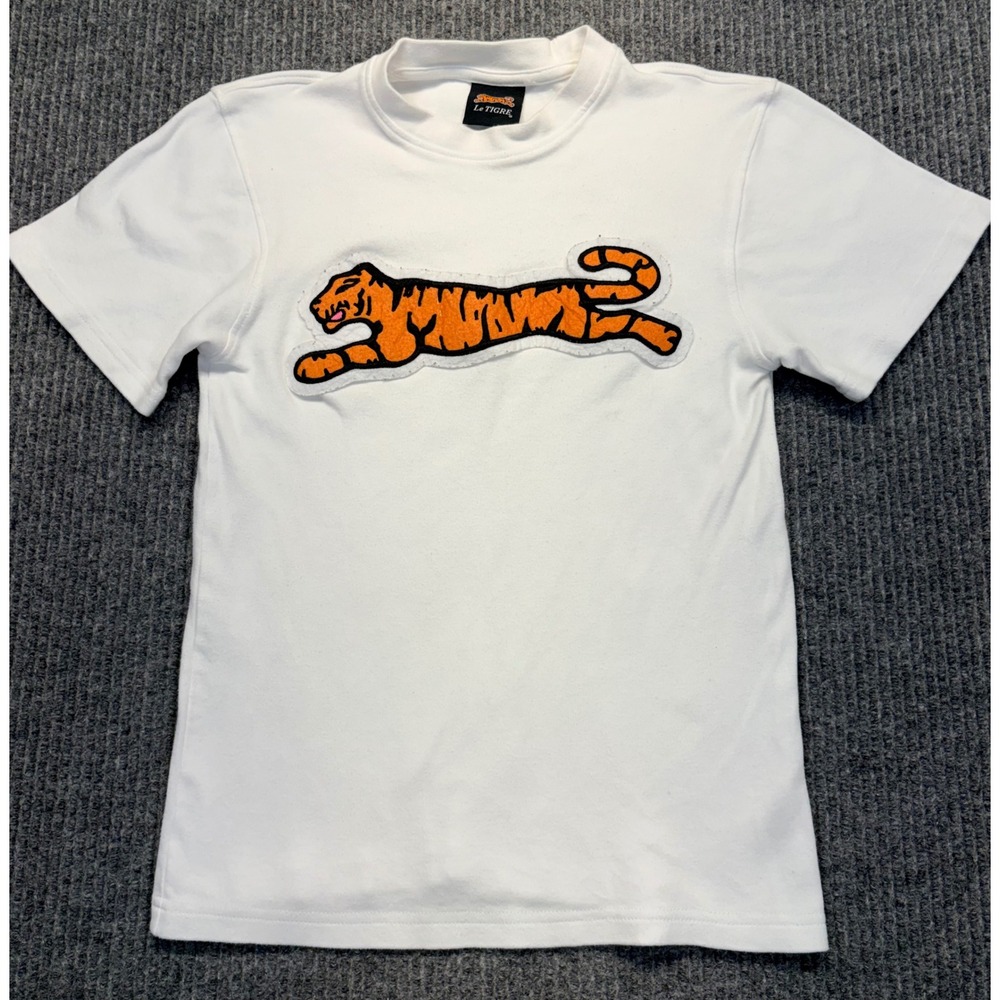 Le Tigre Youth Medium White Short Sleeve T-Shirt Chenille Tiger Patch Logo Tee